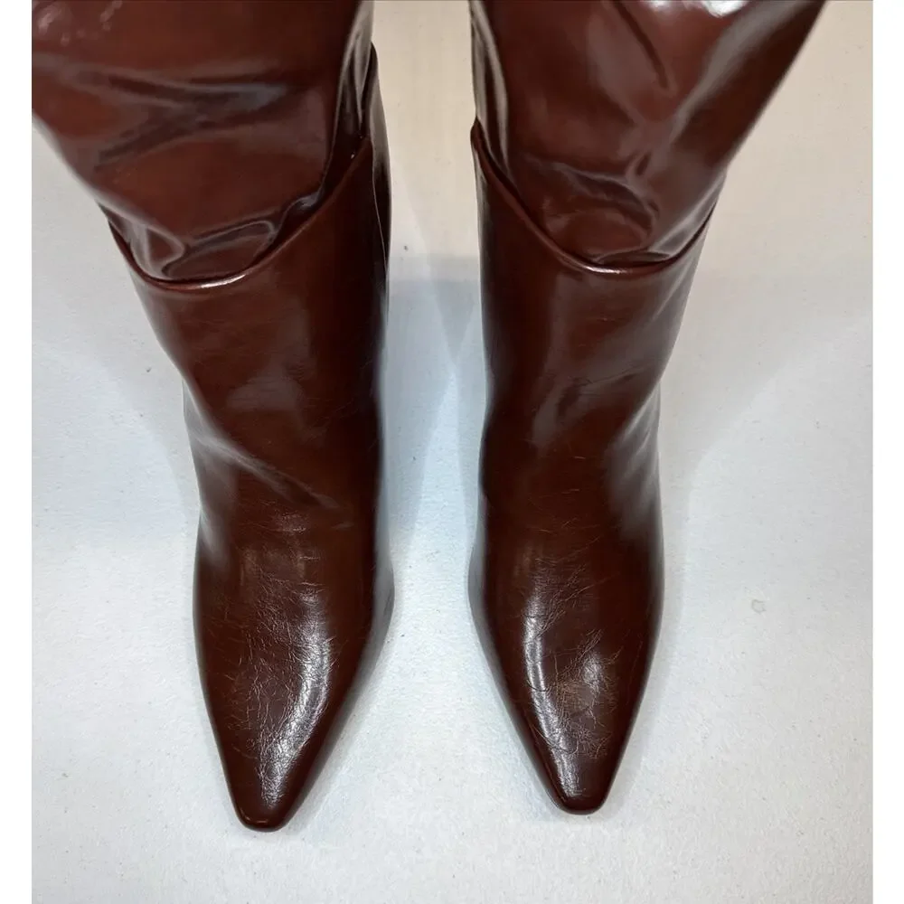 CELLENZ Faux Leather Knee High Boots Pointed Toe Low Kitten Heel Brown Size 8.5